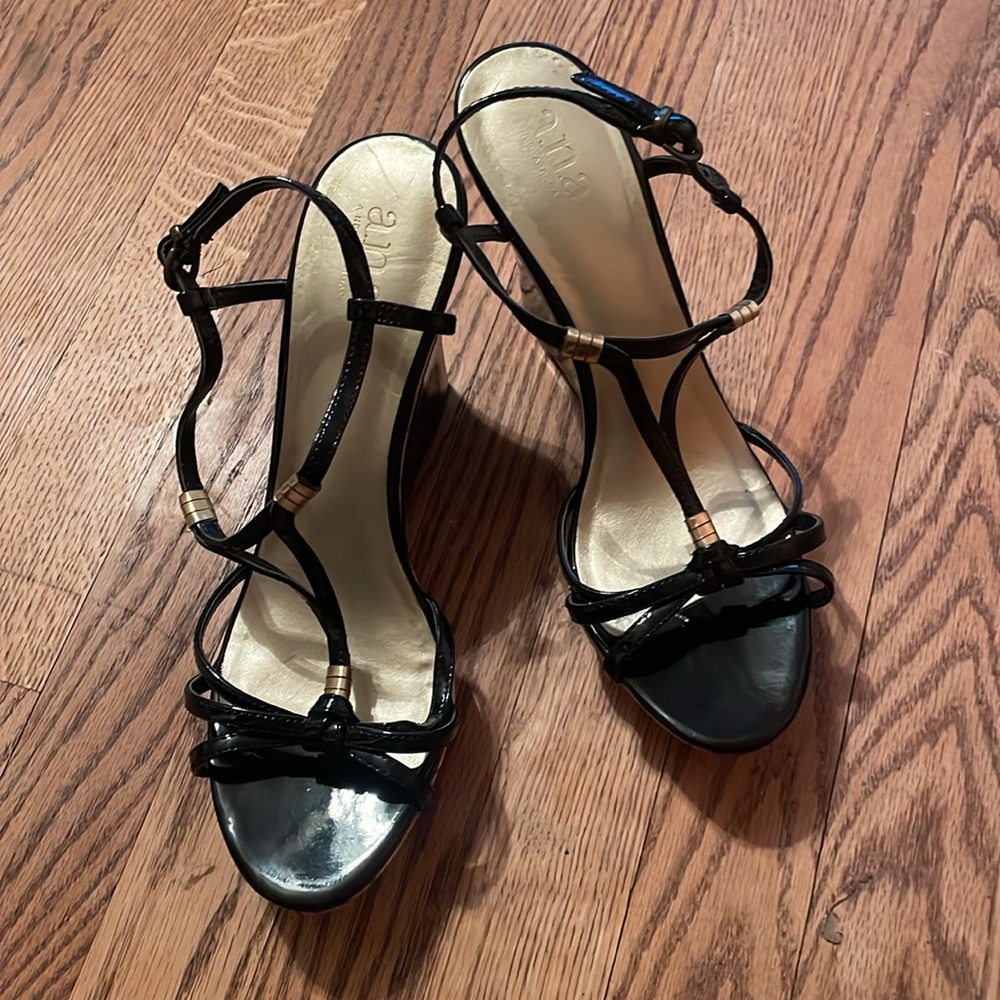 a.n.a. Black Patent & Cork Wedge Sandals with gold accents, side buckle Sz 9
